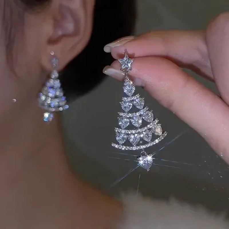 1Pair Luxury Christmas Tree Crystal Zircon Earrings Ear Stud Drop Dangle Women J