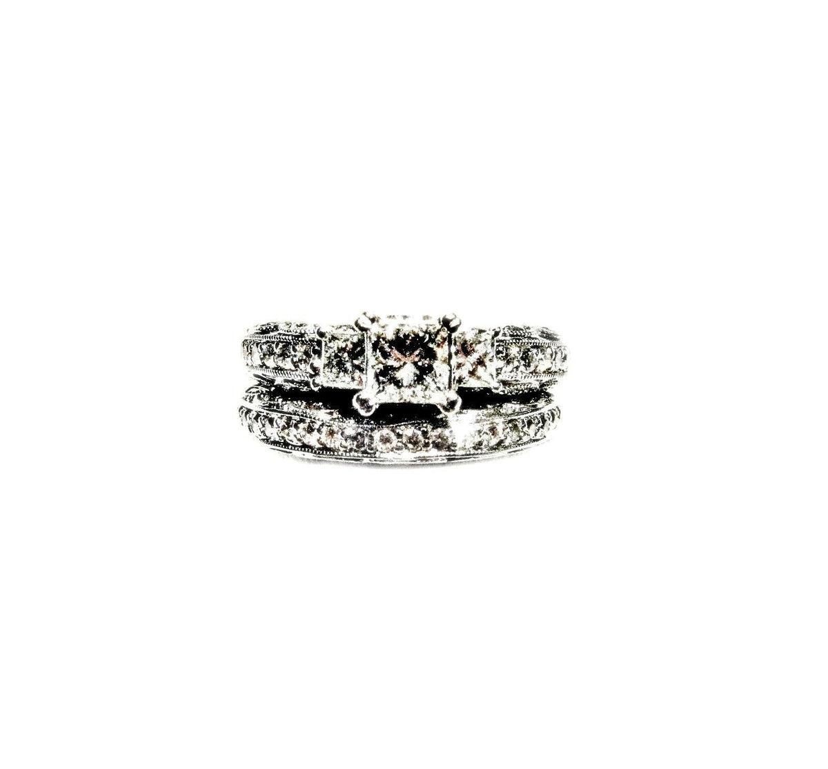 CERTIFIED ENGAGEMENT RING PRINCESS .52 CT SIDE ROUND SHAPE DIAMOND 1.10 CT 14 K