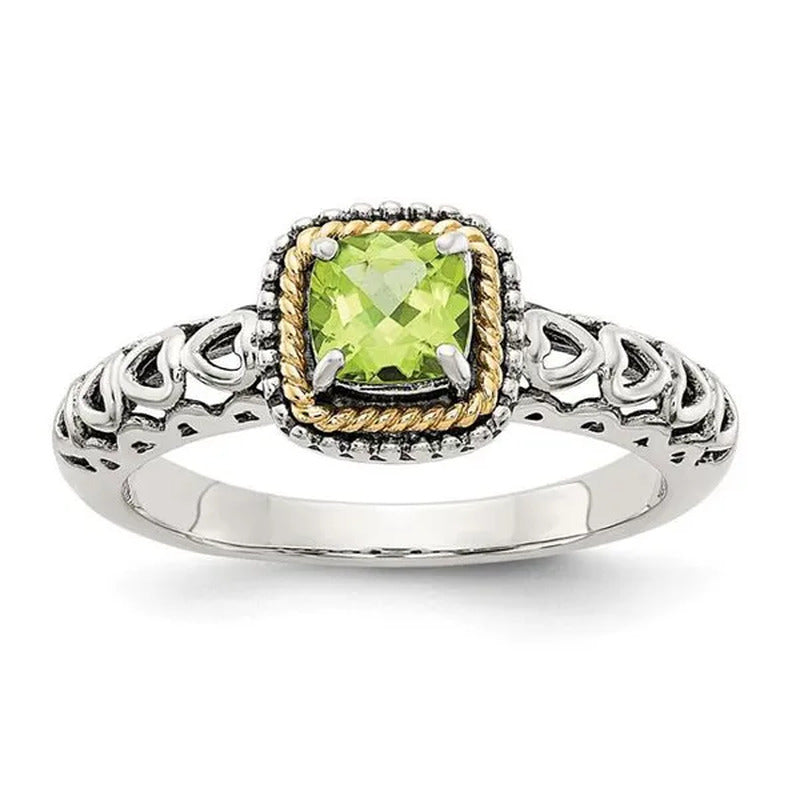 Shey Couture QTC868-6 8 Mm Sterling Silver with 14K Gold Peridot Ring, Antiq