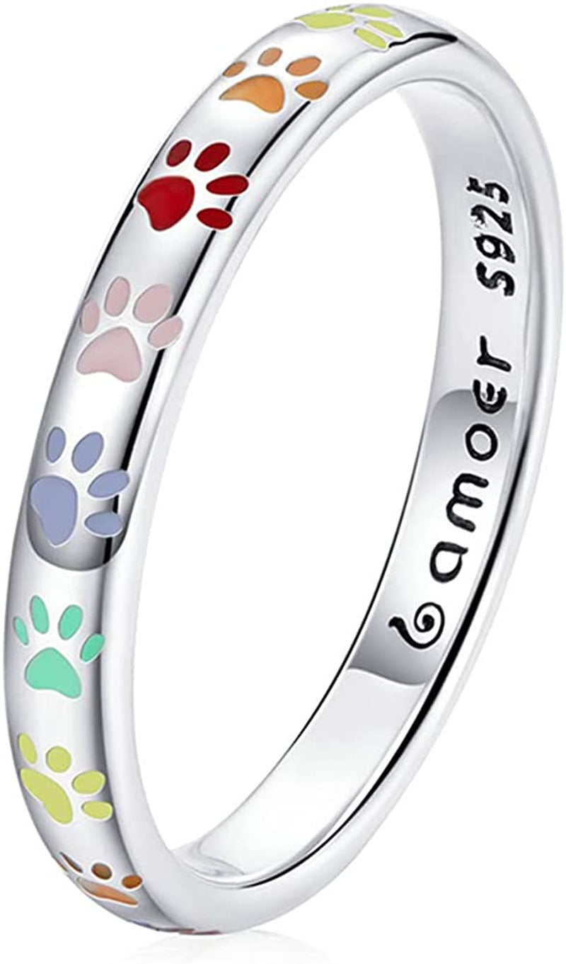 S925 Sterling Silver Puppy Dog Cat Paw Ring, Multicolor Pet Print Enamel Ring fo