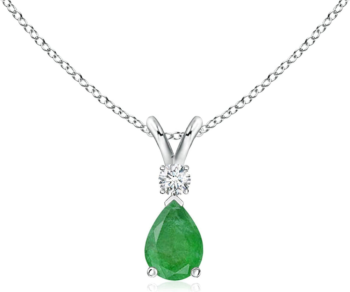 Natural Emerald Teardrop Pendant Necklace with Diamond for Women, Girls in Sterl