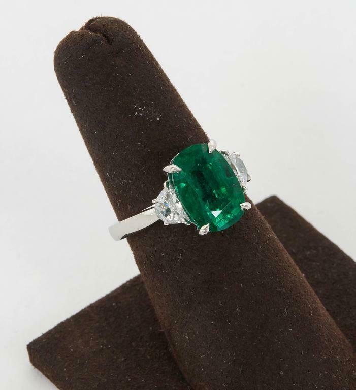 Fine 4.21 Carat GIA Cert Minor Oil Emerald Diamond Platinum Ring