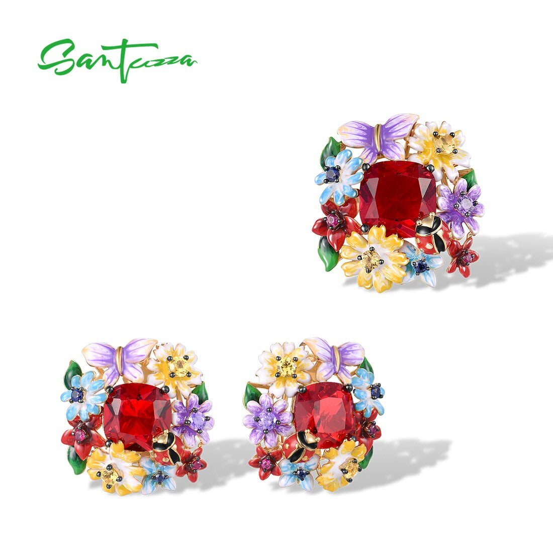 925 Sterling Silver Jewelry Set for Women Red Stone Colorful Flowers Earrings