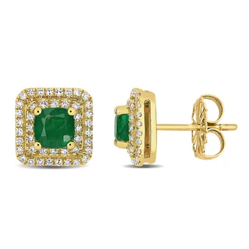 Allura Emerald and 0.36 CT. T.W. Diamond Halo Square Stud Earrings in 14K Yellow