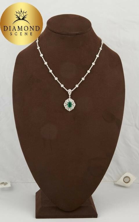 Green Emerald Diamond White Gold Pendant Necklace