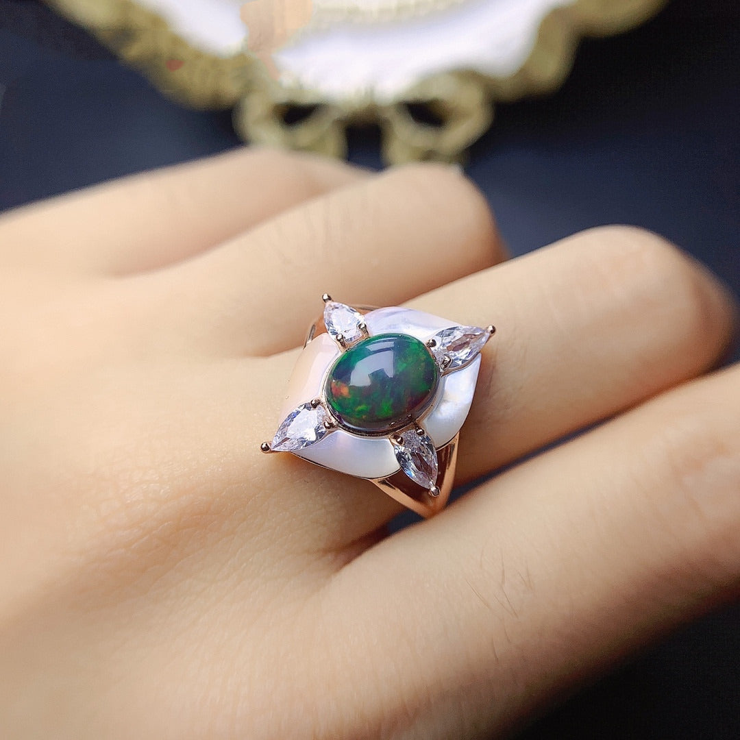 Fashionable Inlaid Natural Black Opal Ring