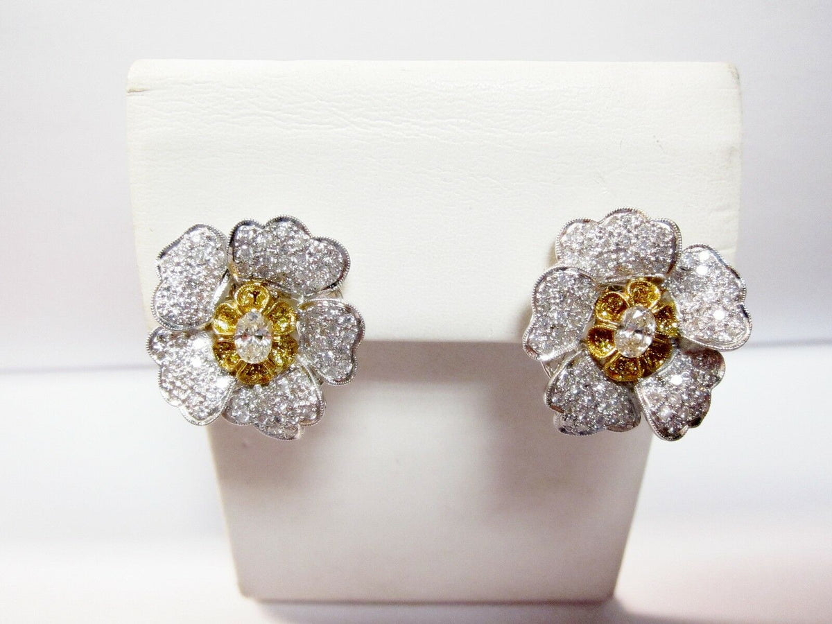 DIAMOND EARRING CENTER SET OVAL SHAPE DIAMOND SET FANCY INTENSE YELLOW ROUND 18K