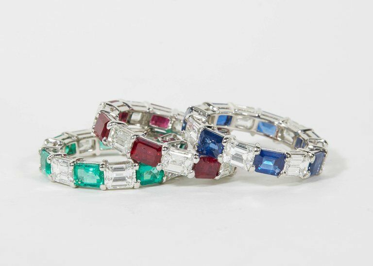 Emerald Sapphire Ruby and Diamond Emerald Cut Eternity Bands