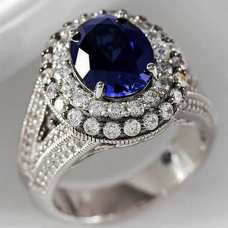 Luxury Vintage 925 Sterling Silver Oval Cut Blue Sapphire Ring for Women Princes
