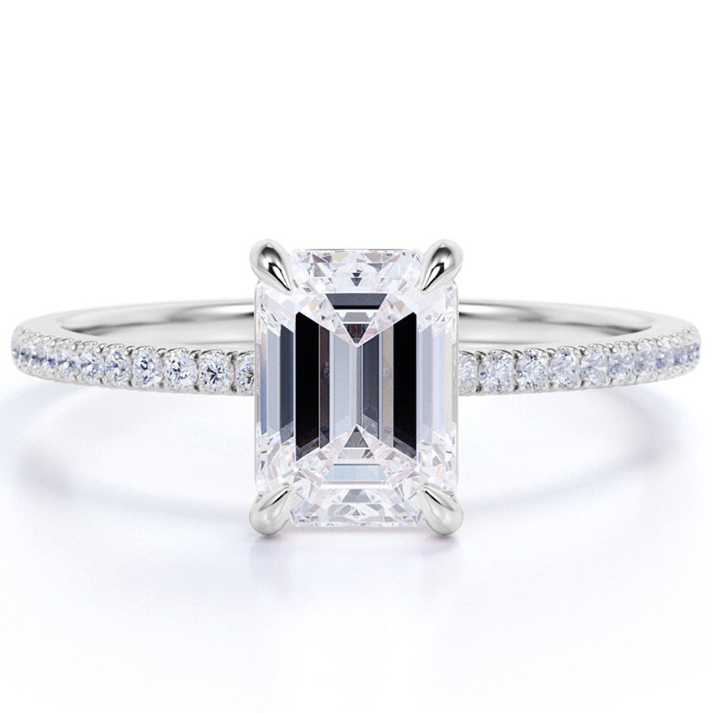 1.25 Carat Emerald Cut Moissanite and Diamond Pave Engagement Ring in 10K White