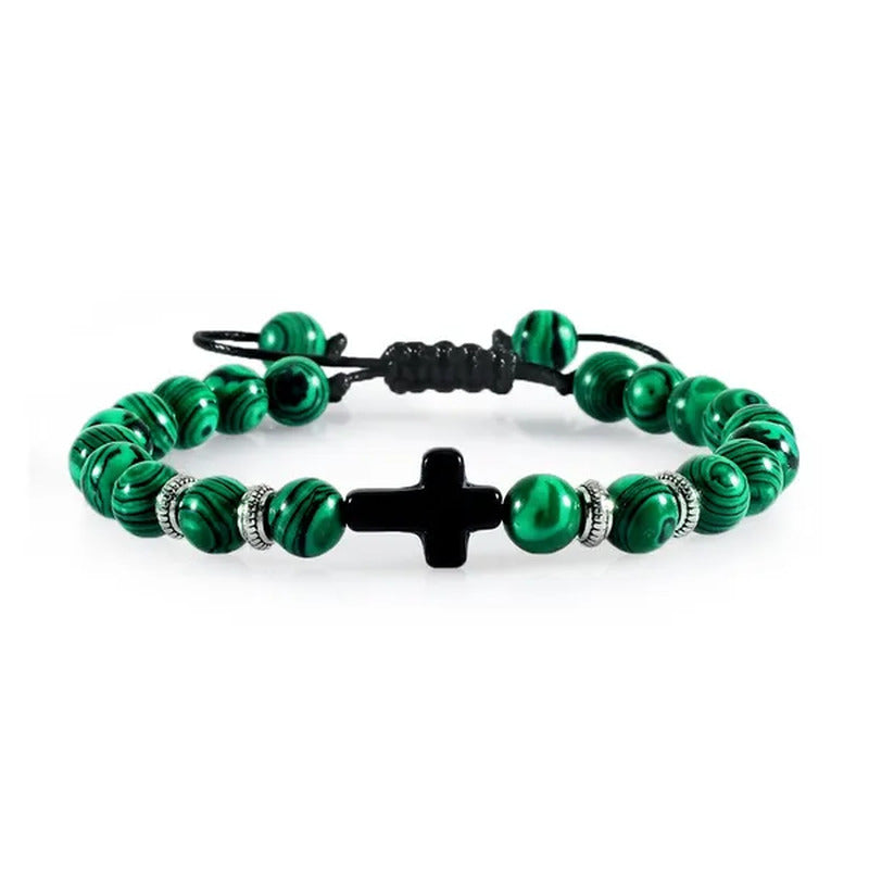 Handmade Natural Stone Wooden Beaded Bracelet Christian Jesus Cross Braided Brac