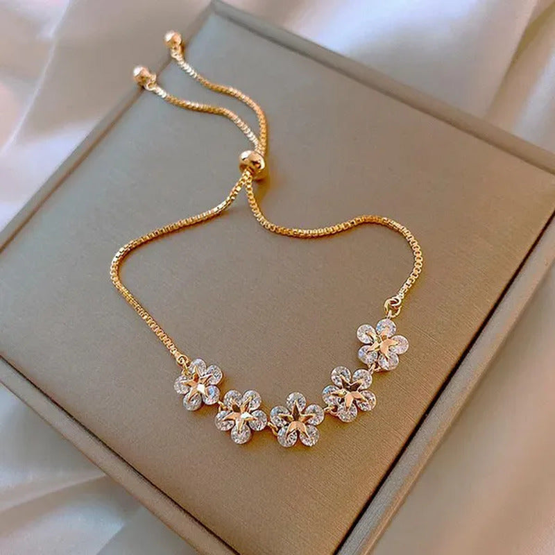 Fashion Crystal Zircon Five Flower Bracelet Adjustable Bangle Women Jewelry