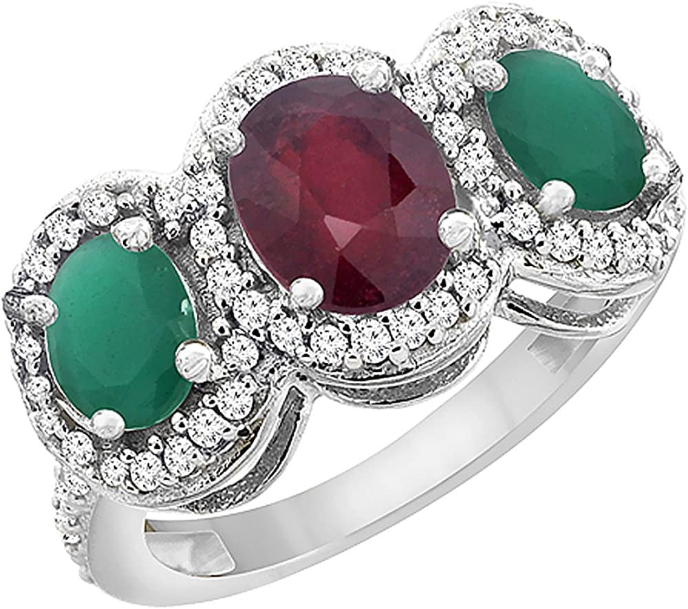 14K White Gold Enhanced Ruby & Cabochon Emerald 3-Stone Ring Oval Diamond Accent
