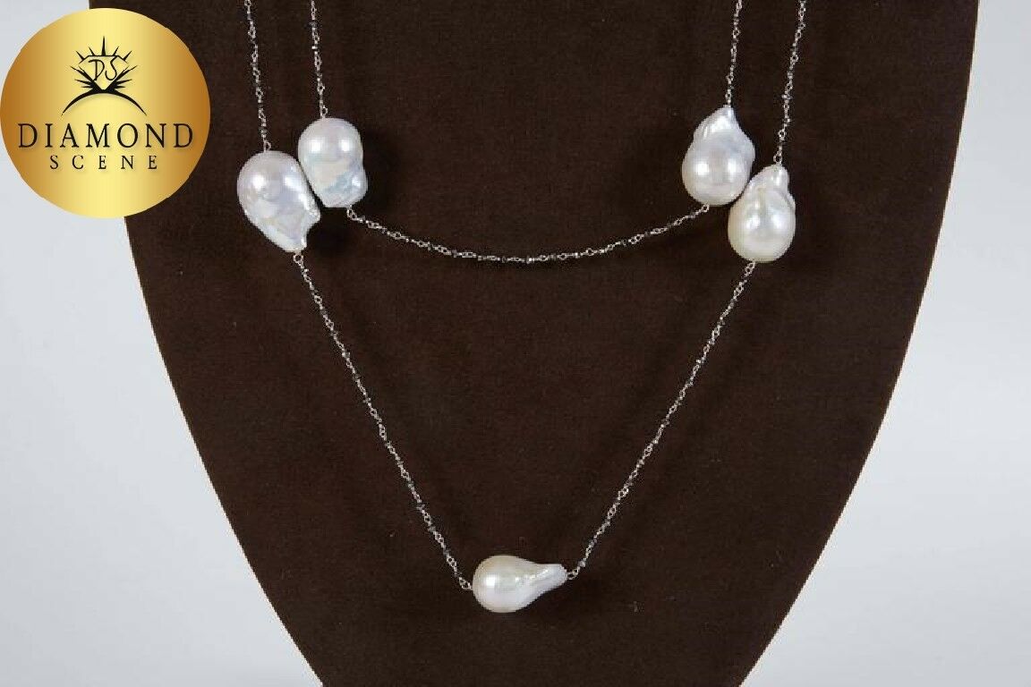 Baroque Pearl Black Diamond Gold 50 Inch Long Chain Necklace