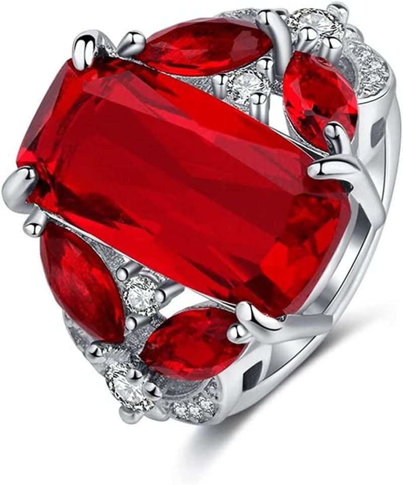 Luxury 925 Sterling Silver Womens Ring Shiny Rectangle Red Gem Princess Ring Fas