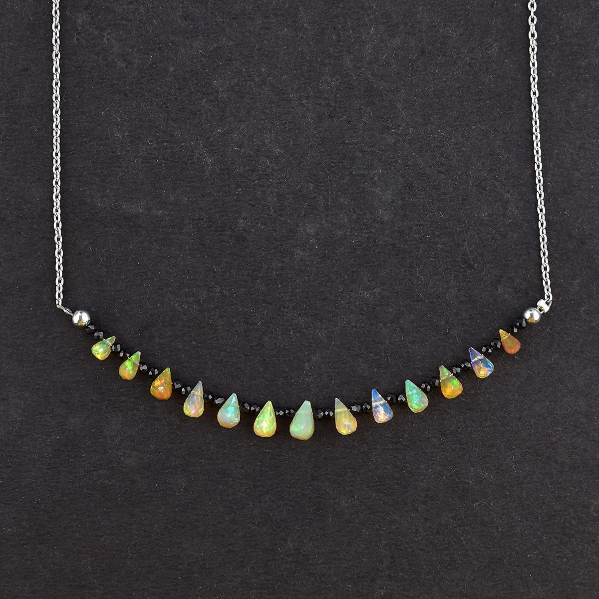 ® Ultra Premium Natural Welo Opal Drops & Black Spinel Gemstone Beads Dainty Nec