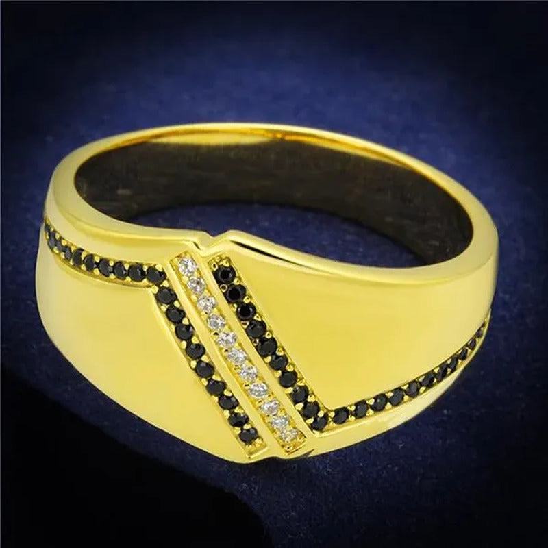 Men Gold 925 Sterling Silver Ring with AAA Grade CZ in Black Diamond - Size 9