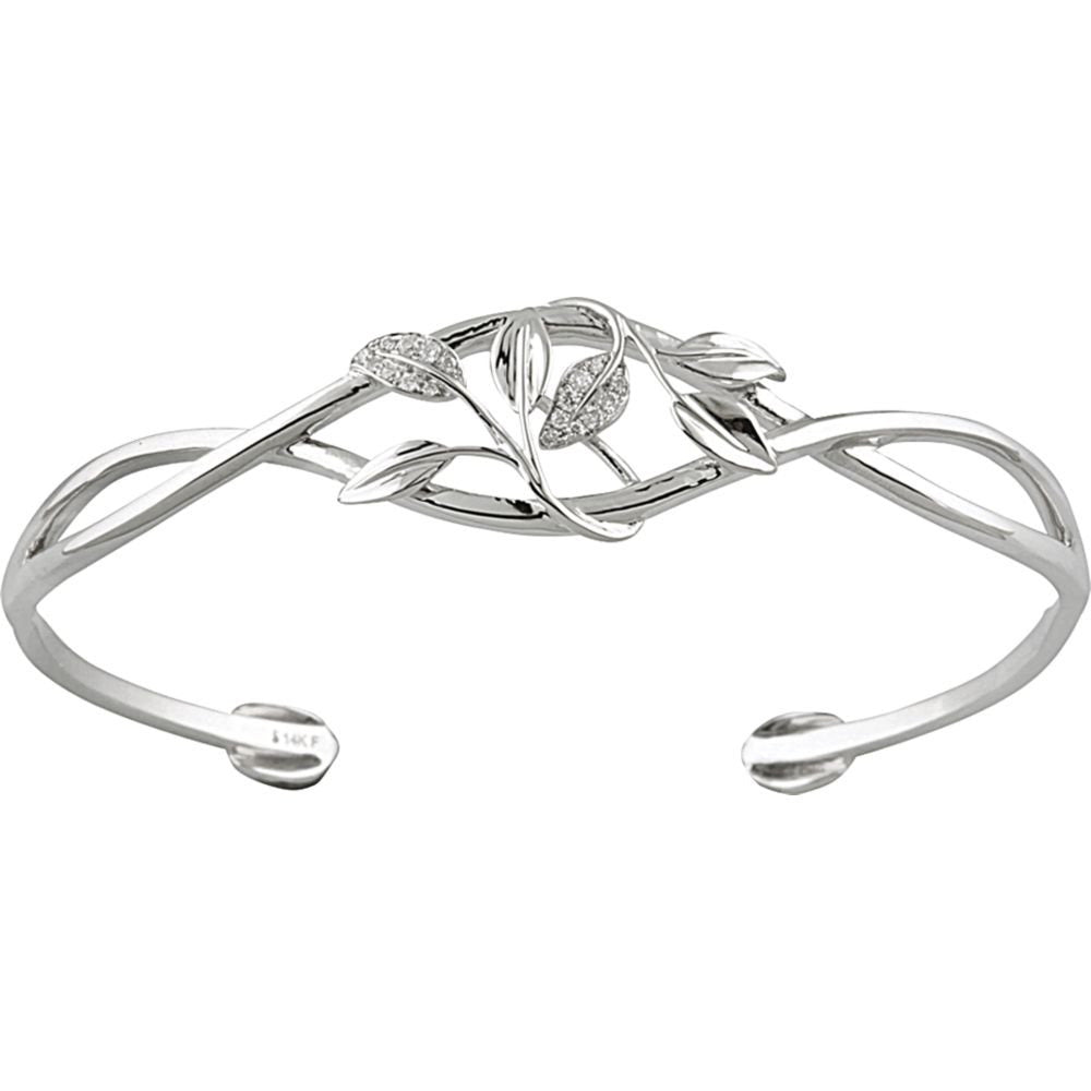 14K White Gold Diamond Leaf Design Cuff Bracelet