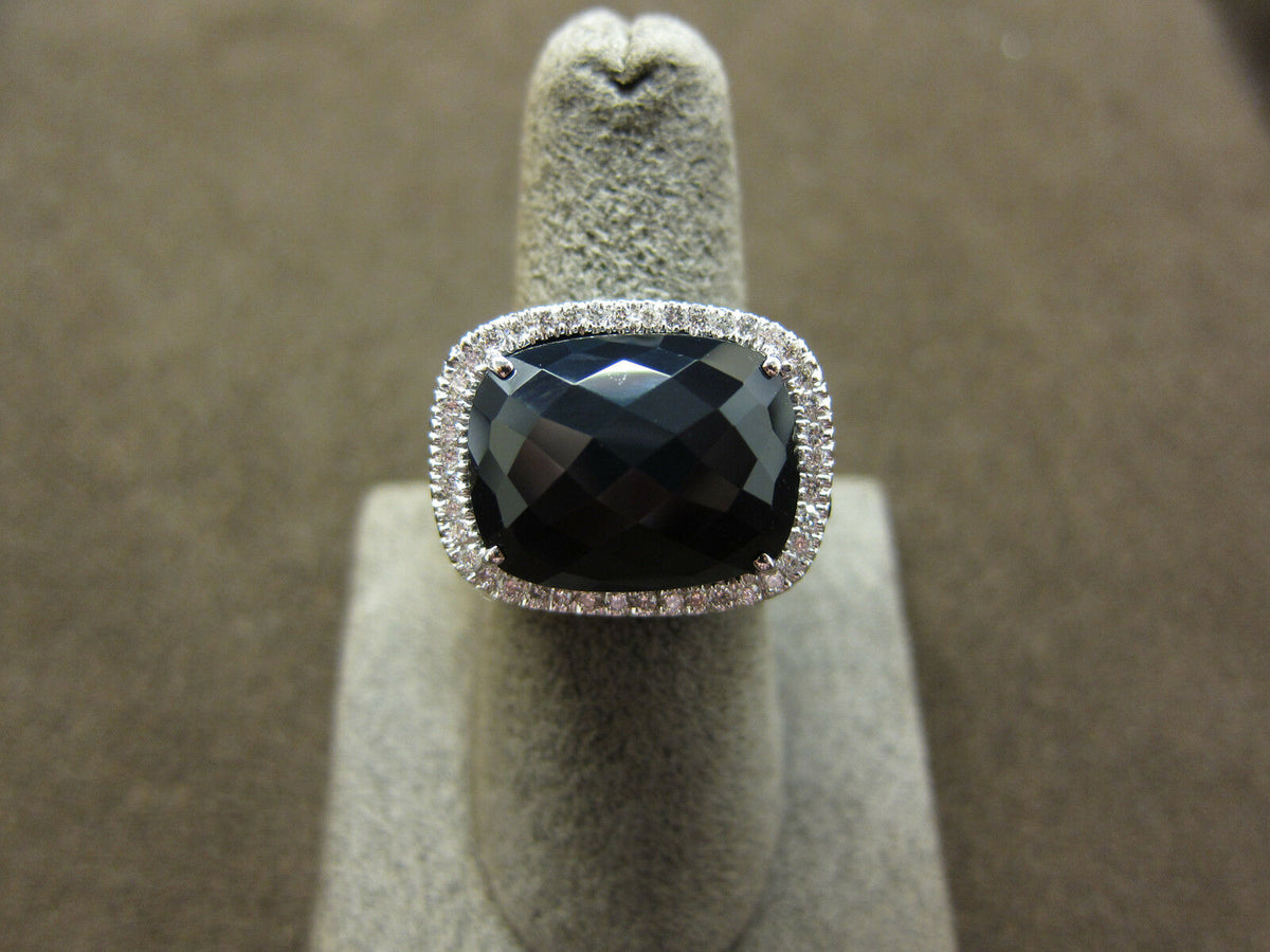 ONYX CUSHION FACETED CENTER DIAMOND 3.40 CT ROUND BLACK AND WHITE SIDE SET RING