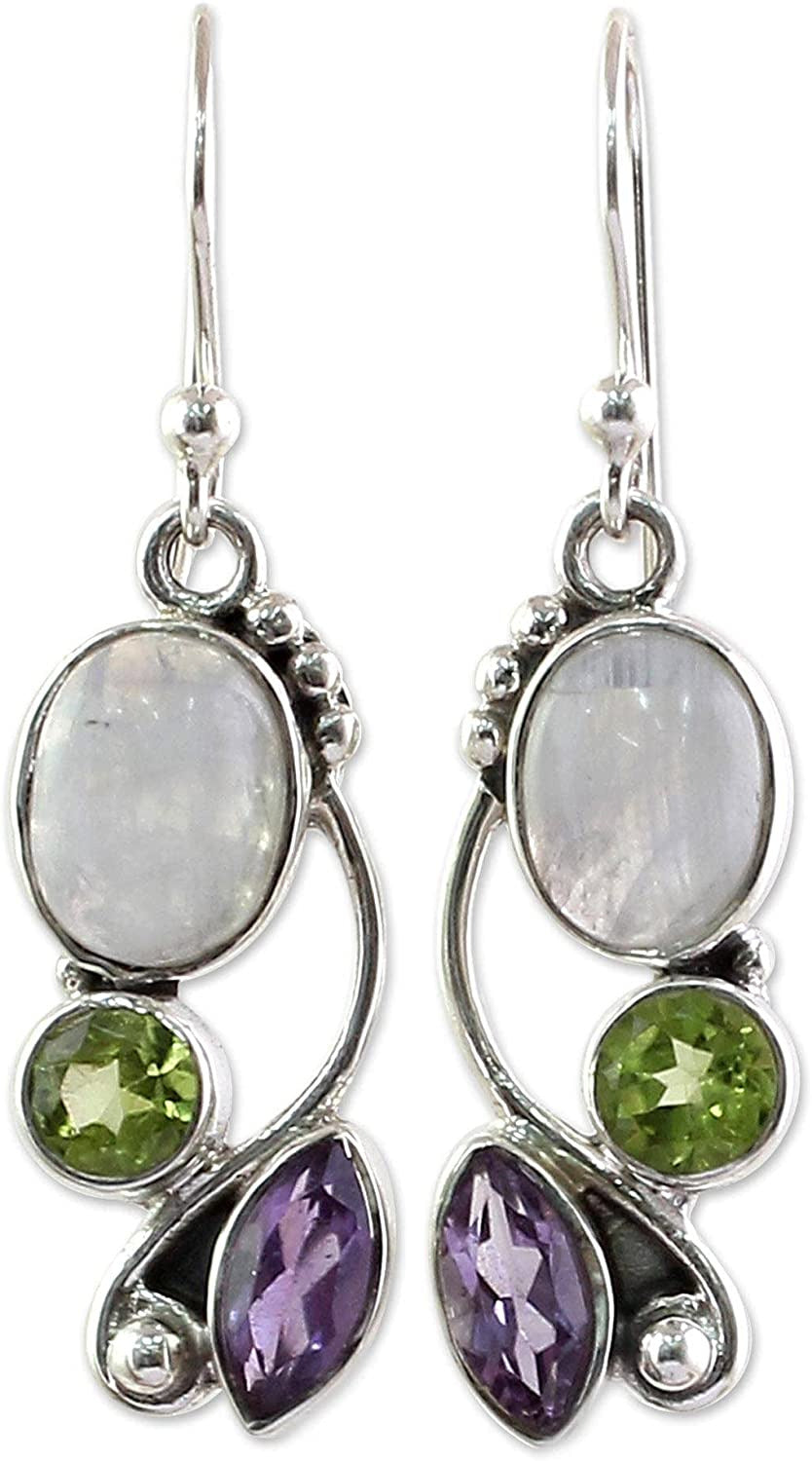 Peridot Amethyst Rainbow Moonstone .925 Sterling Silver Dangle Earrings, Natural