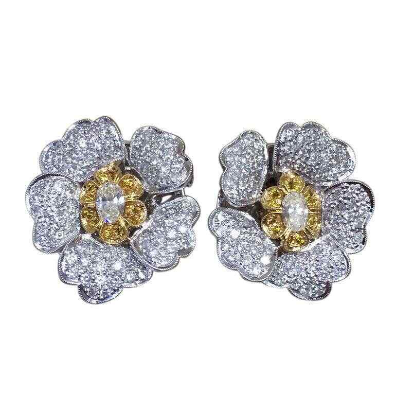 Yellow and White Diamond Flower Petal Earrings