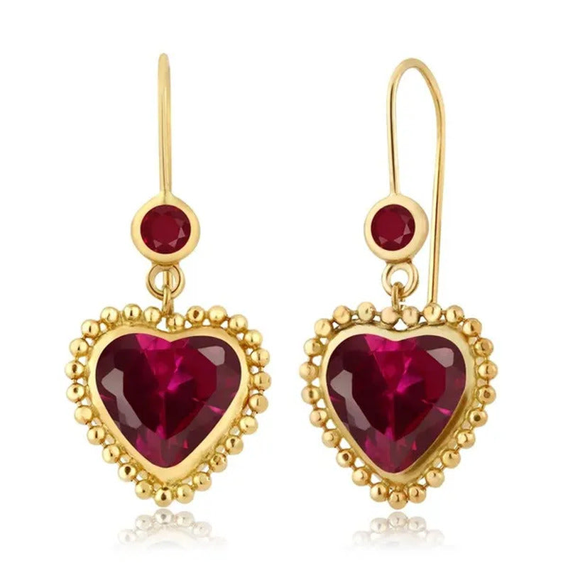 Gem Stone King 4.66 Ct Heart Shape Red Created Ruby Red Ruby 14K Yellow Gold Ear