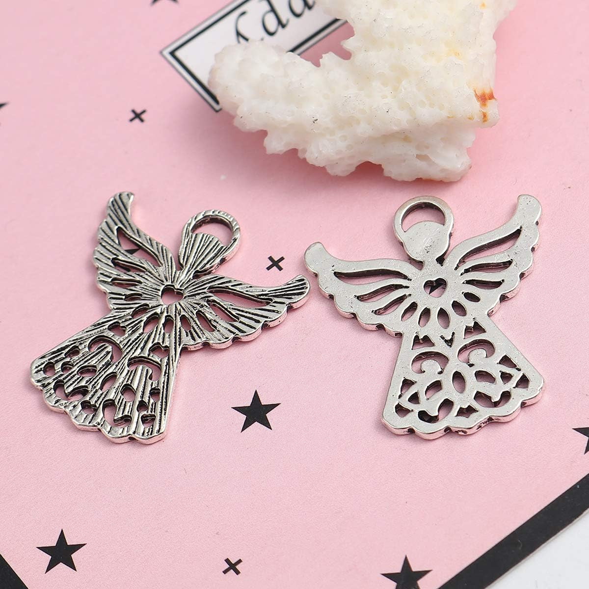 Angel Charm Pendants - 20 Pack of Silver Tone Religious DIY Jewelry Making Supplies (Heart Center)