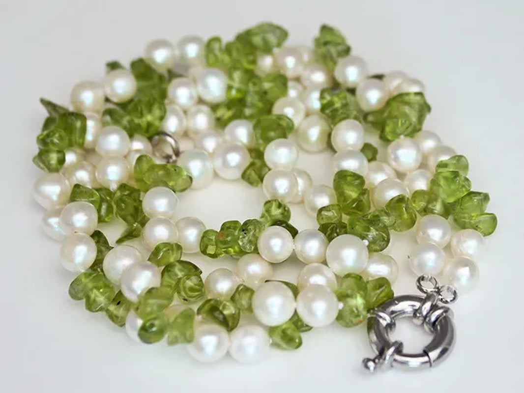 Handmade beautiful 2strands blue green stone peridot 7-8mm white freshwater cultured pearl necklace long 43-45cm