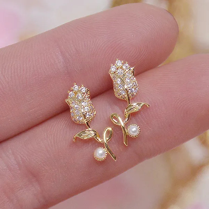 18K Gold Rose Flower Women's Diamond Earrings Shiny Zircon Bohemian Stud Earrings Engagement Wedding Jewelry