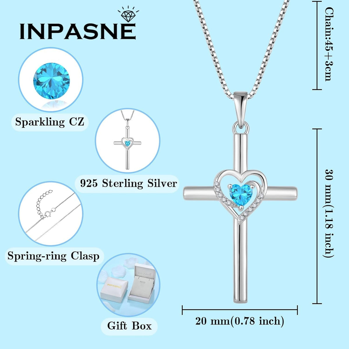 Cross Necklace for Women 925 Sterling Silver Heart Birthstone Pendant Necklace Crucifix Religious Gemstone Jewelry Gift for Women Her Mom Wife Daughter