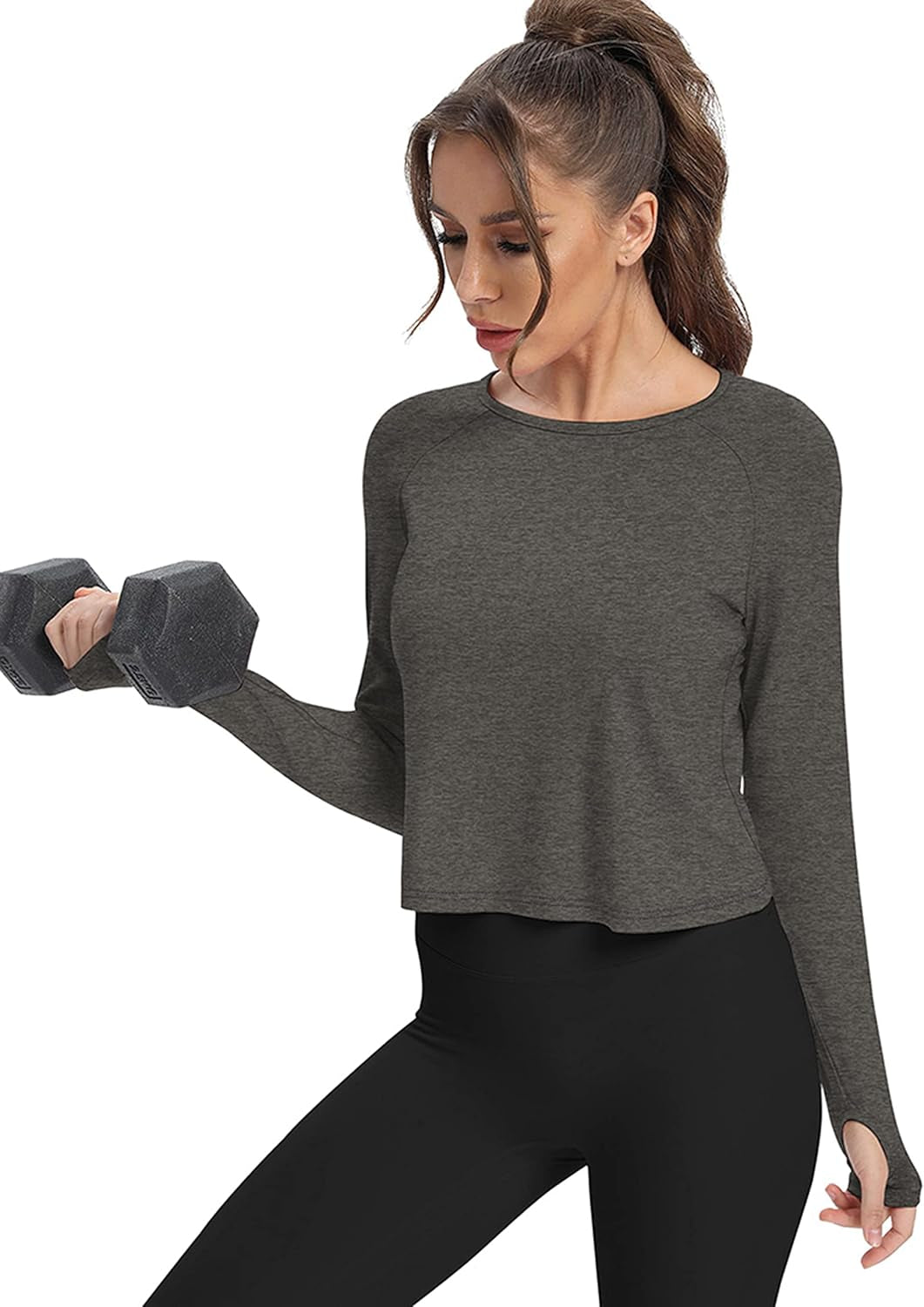 Long Sleeve Athletic Workout Shirts Sports Yoga Gym Crop Tops for Women
