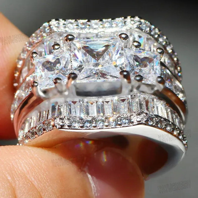 Luxury Silver White Sapphire Flower Ring Natural Gemstones Birthstone Engagement Rings Wedding Anniversary Bride Women Man Princess Cross Ring Size 6 7 8 9 10