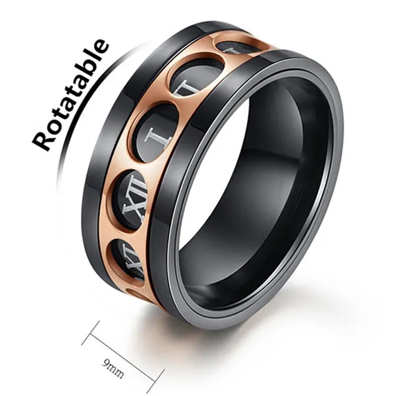 Roman Numerals Rotatable Black Rose Gold Titanium Steel Rotatable Spinner Ring For Men Jewelry Luck Finger Rings Wedding Band