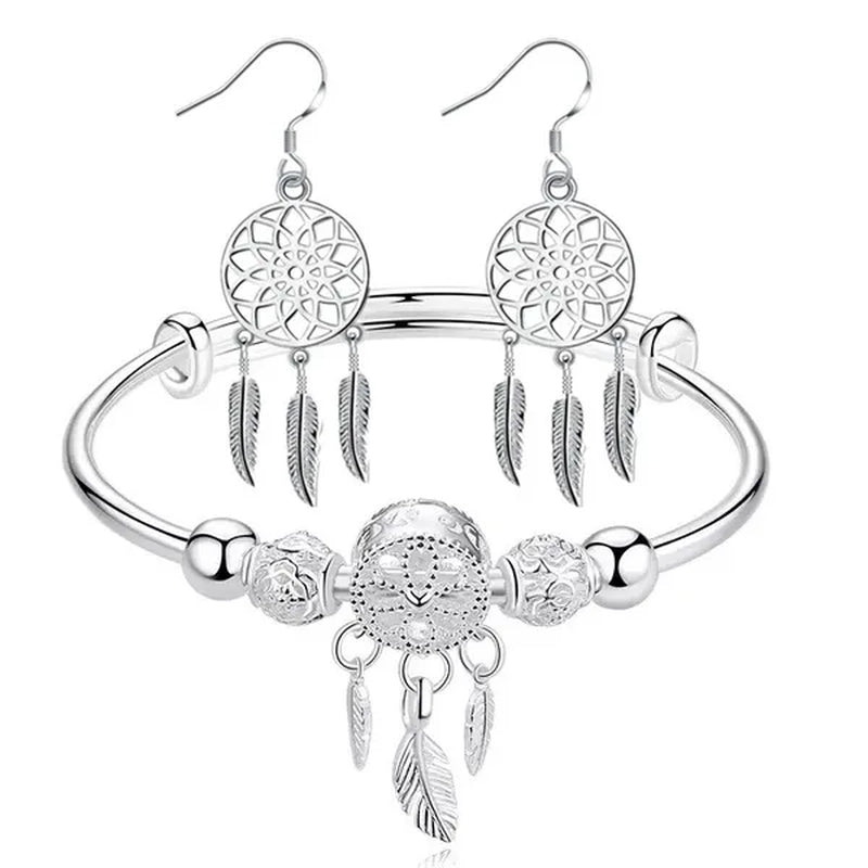 NEW 925 Sterling Silver Dreamcatcher Tassel Feather Round Bead Charm Bracelet & Bangle Earrings for Women Elegant Jewelry Set Gifts