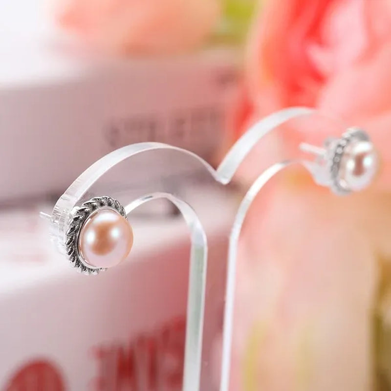 Real 925 Sterling Silver with 8-9mm Pink Freshwater Cultured Pearl Stud Earring Women Party Gifts Fine Jewelry FEIGE