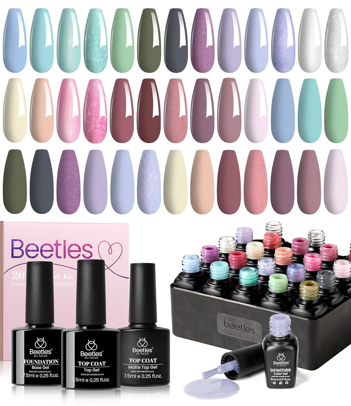 Nail Set 20 Colors Healing Elixir Collection Manicure Kit Pink Neutral Purple Blue Green Gel Nail Kit with 3Pcs Base Matte and Glossy Top Coat Soak off Uv for Women 2024 Ideal Gift