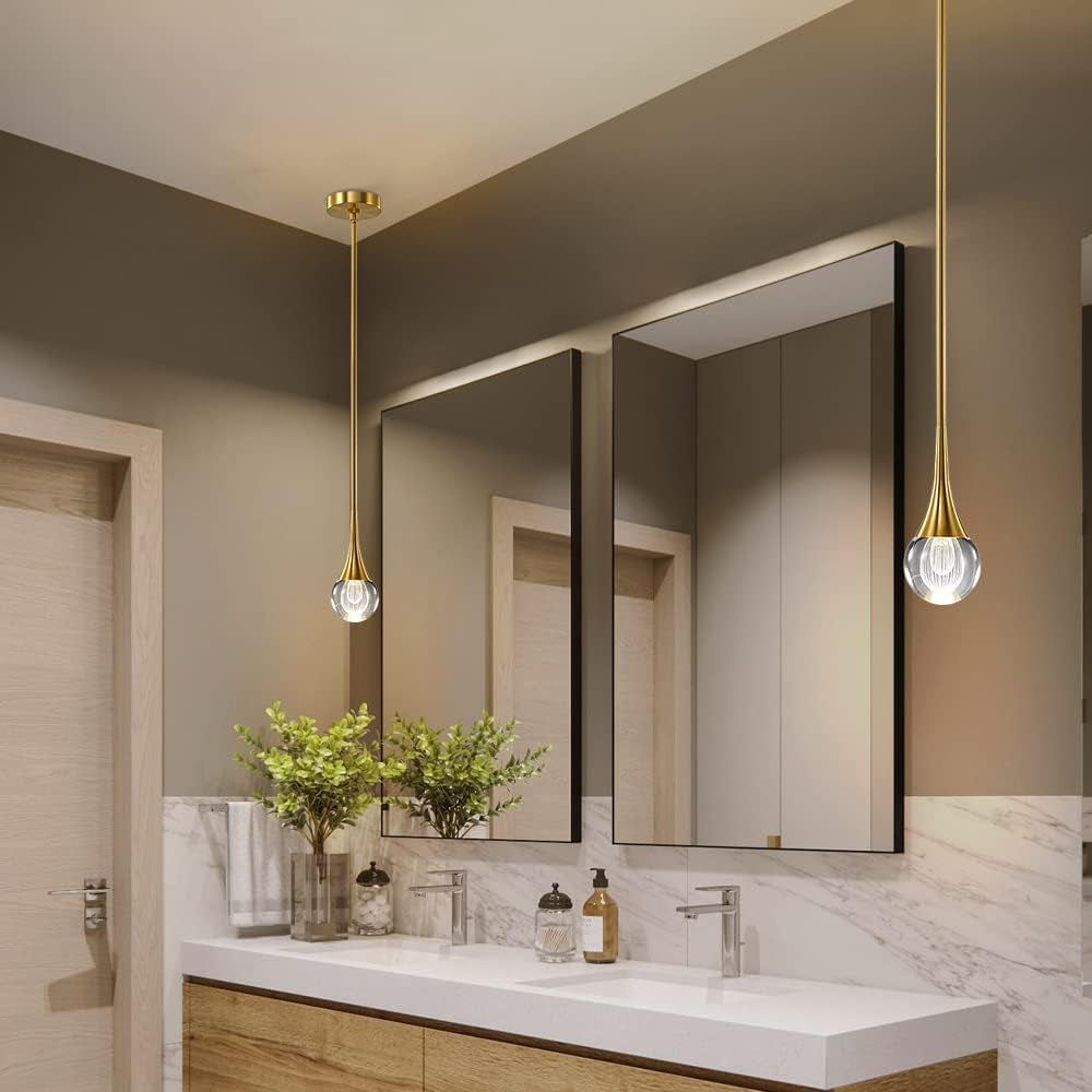 Pendant Light Fixtures 1-Light Mini Pendant Lighting for Kitchen,Gold Globe Pendant LED Light Fixture,Teardrop Crystal Pendant Light for Bedroom Dining Room Bar
