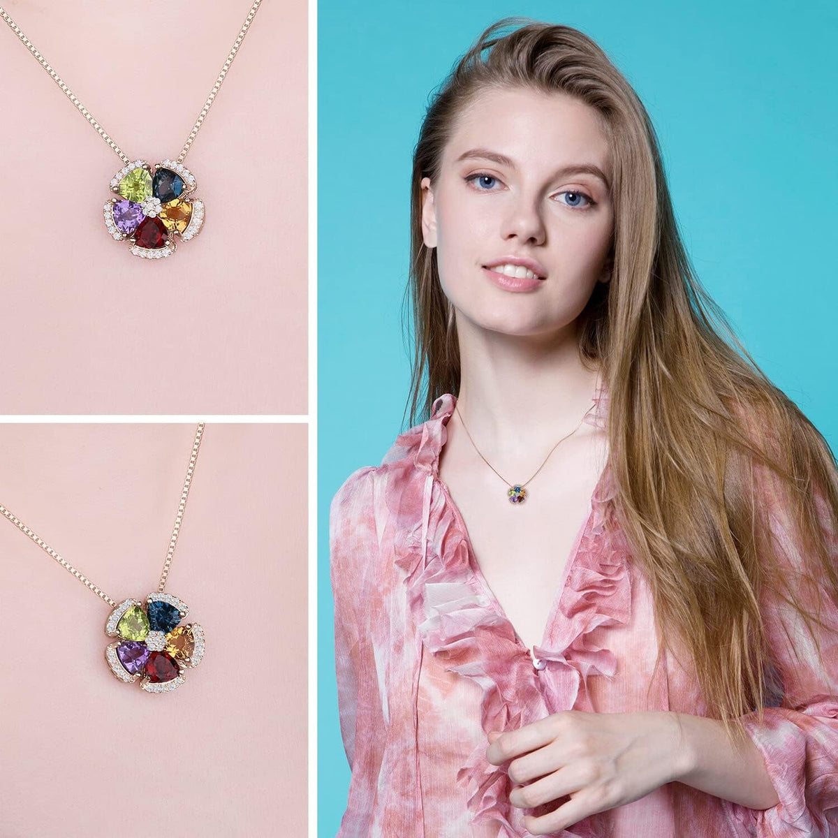 Multicolor Flower 2.6Ct Genuine Amethyst Citrine Garnet Peridot Blue Topaz Pendant Necklaces for Women, 925 Sterling Silver Natural Gemstones Jewelry Sets 18 Inches Chain