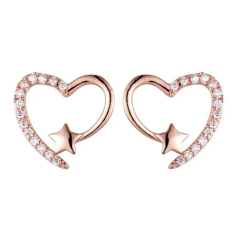 Gold Love Heart Star White Sapphire Diamond Stud Earrings for Women Wedding Engagement Bride Jewelry Gift