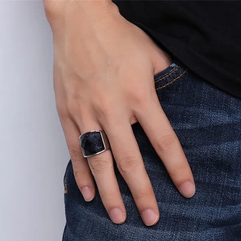 Men's Fashion Jewelry High Polished Silver Titanium Steel Ring With Blue Gravel (Blue Sandstone) Mens Wedding Band Fine Rings