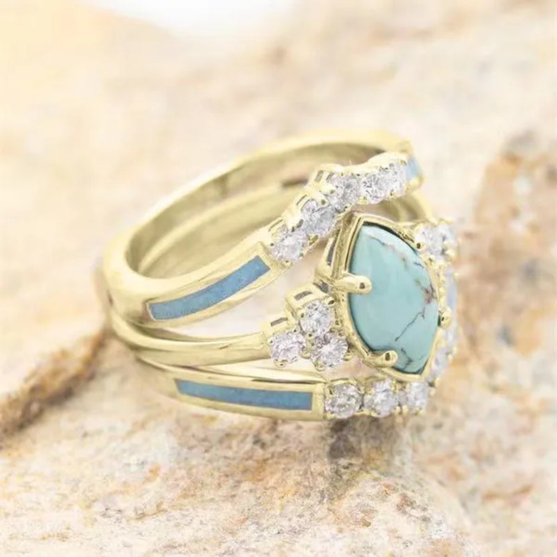 3Pcs/set Exquisite and Elegant Inlaid Zircon and Turquoise Women's Ring, Fashionable Bride Engagement Wedding Ring Set Promise Ring, Valentine's Day, Birthday Gift for Her, Jewelry Accessories