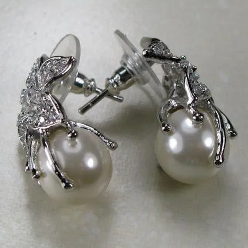 10mm White Pearl White Topaz 925 Sterling Silver Gemstone Earrings TE130