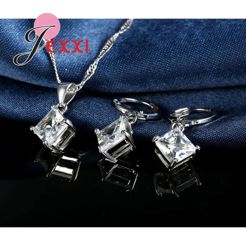 Elegant Wedding Bridal Jewelry Necklace Earring Ring Set For Women Fashion Silver Chain Crystal Pendant Birthday Gifts