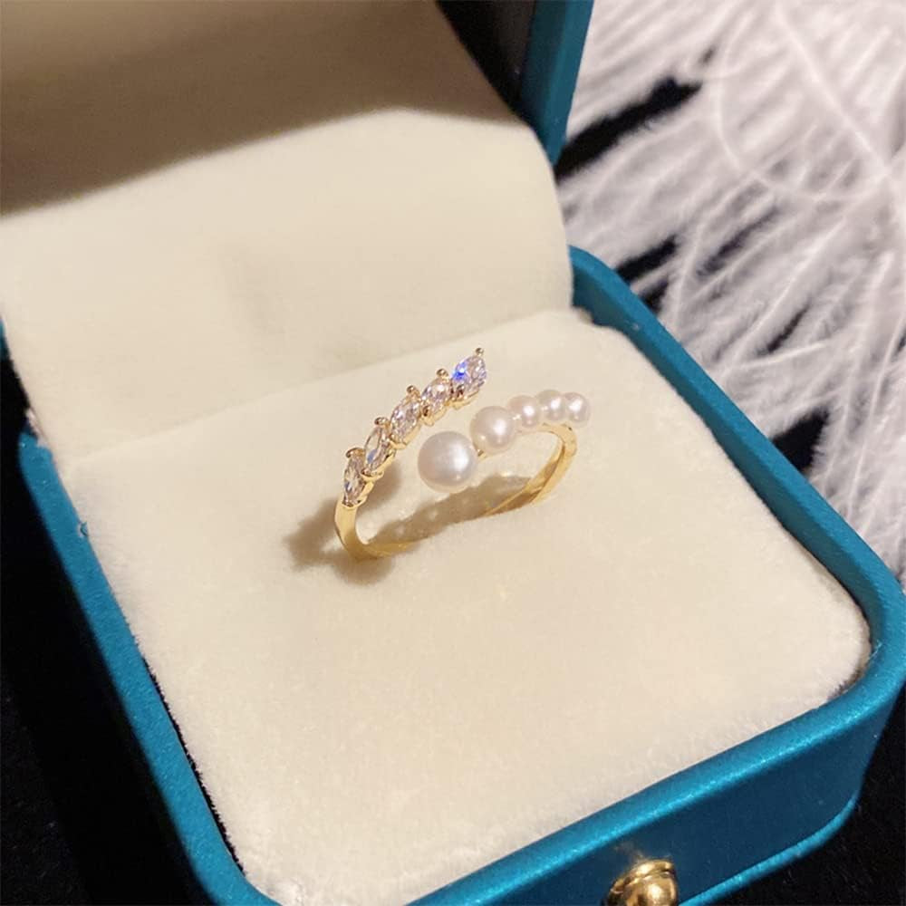 Chic CZ Pearl Statement Ring for Women Double Layers Stacking Rings Adjustable Open Finger Band Promise Engagement Rings Bands Dainty Jewelry