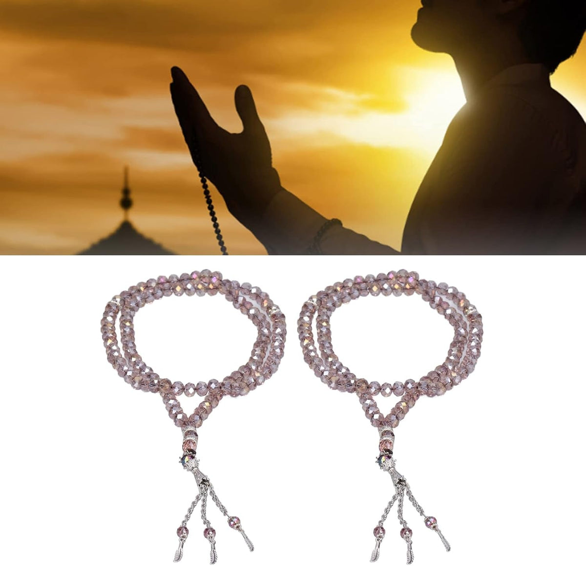 2Pcs Muslim Prayer Beads, 99 Beads Mihrab Separators Count Exquisite Design Tasbih Prayer Beads for Hand Bag, Tamarind Wood Tasbih Prayer Beads Islamic Prayer Beads(Silver Gray)
