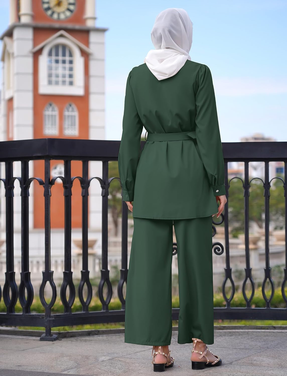 Abayas for Women Muslim 2 Pieces Set Long Sleeve Loose Top Pants Eid Ramadan Dubai Islamic Muslim Clothes with Belt