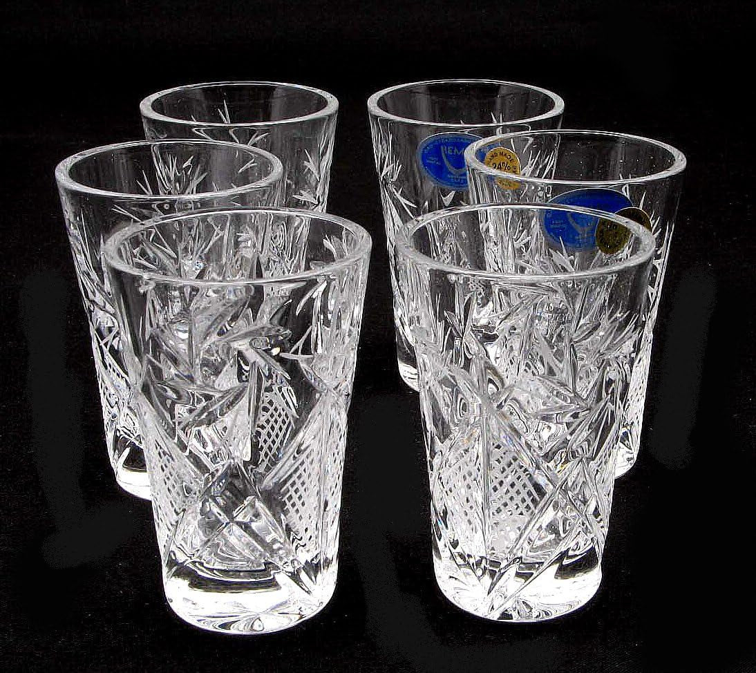 World Gifts Set of 6 Russian Cut Crystal Shot Glasses 1.2 Oz. Hand Made Soviet USSR Vodka Shooters - Vintage Design