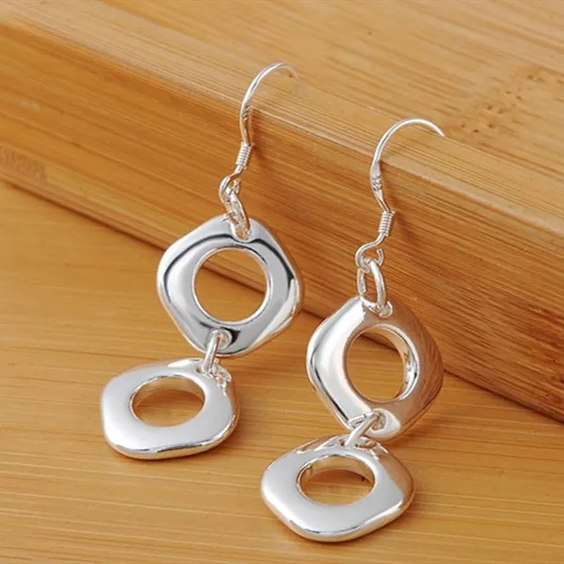 925 Sterling Silver Classic Square Geometric Pendant Necklace Bracelet Drop Earrings Fashion Jewelry Set