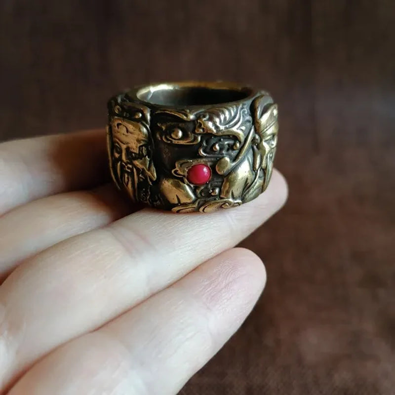 Solid brass Fu Lu Shou finger ornaments embossed retro inlaid ruby copper finger wenwan antiques