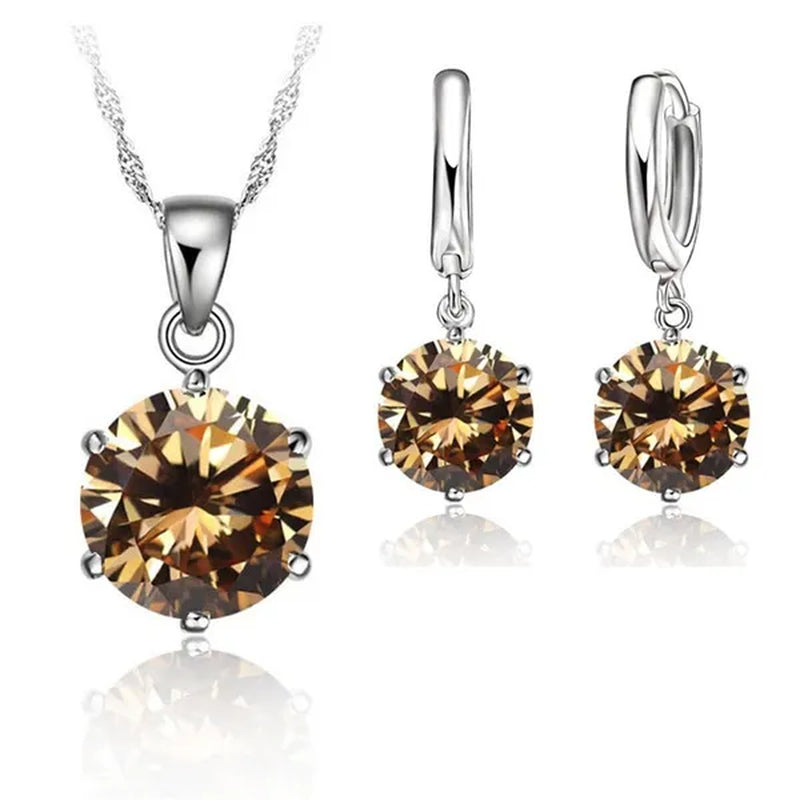 Woman 925 Sterling Silver 8MM Jewelry Sets Cubic Zircon Crystal Lever Back Earrings Pendant Wedding Necklace Nice Gifts 8MM Stone